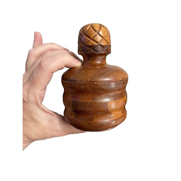 Vintage MCM Hand Turned Carved Wood Jar w/Lid Candy Trinket Container - Picture 12 of 12